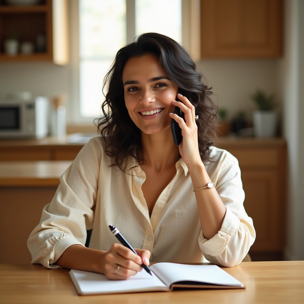 Person arranging a cleaning appointment over a phone call in a warm home environment