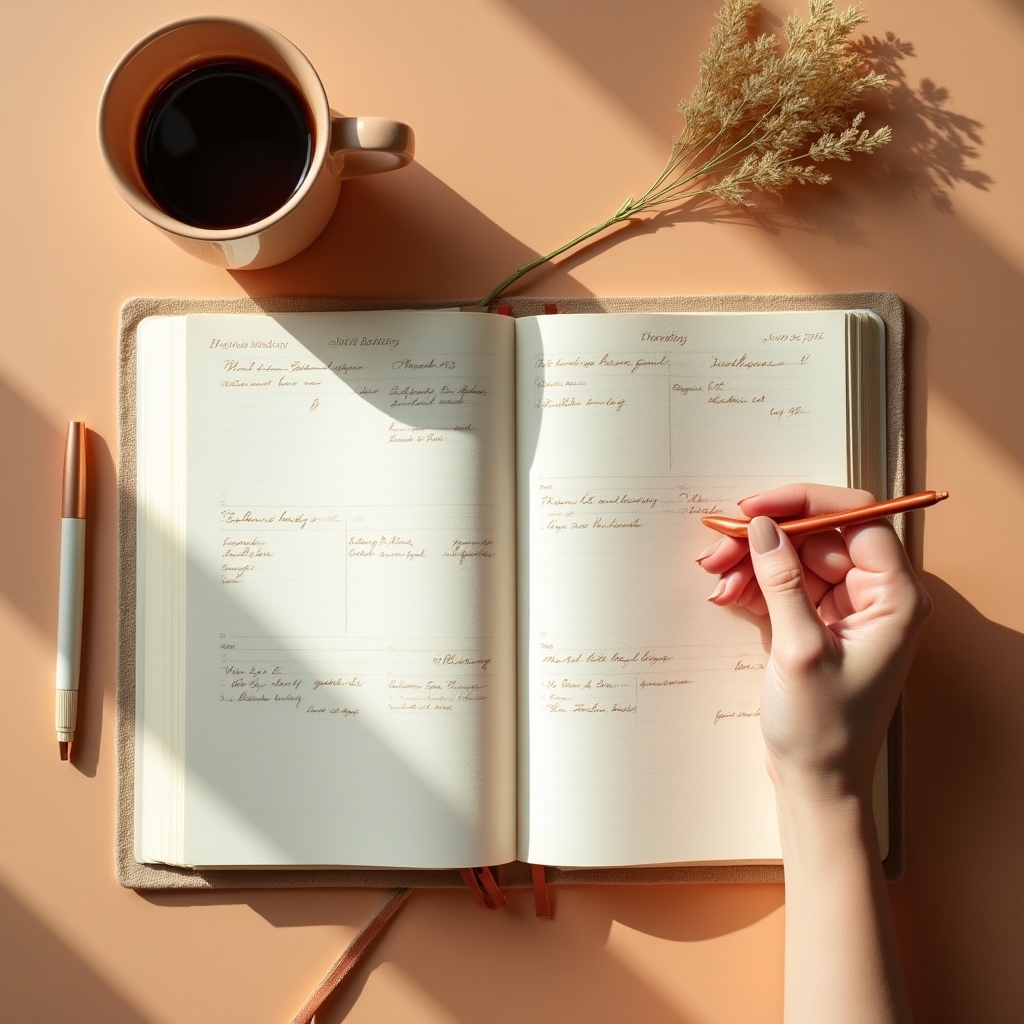 Open planner on a warm-toned desk with a hand marking a date for a cleaning appointment