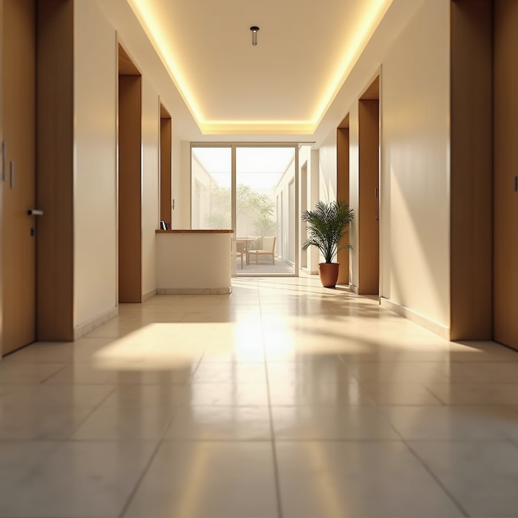 Clean, well-lit office corridor with warm tones after a professional cleaning visit