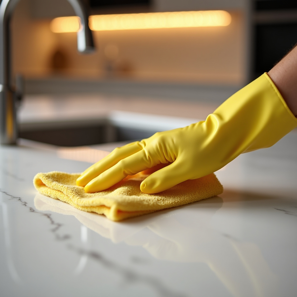 Close-up of a kitchen surface being carefully wiped clean