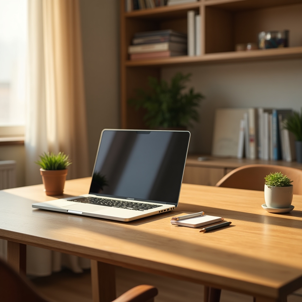 Tidy, freshly cleaned small office workspace with warm lighting