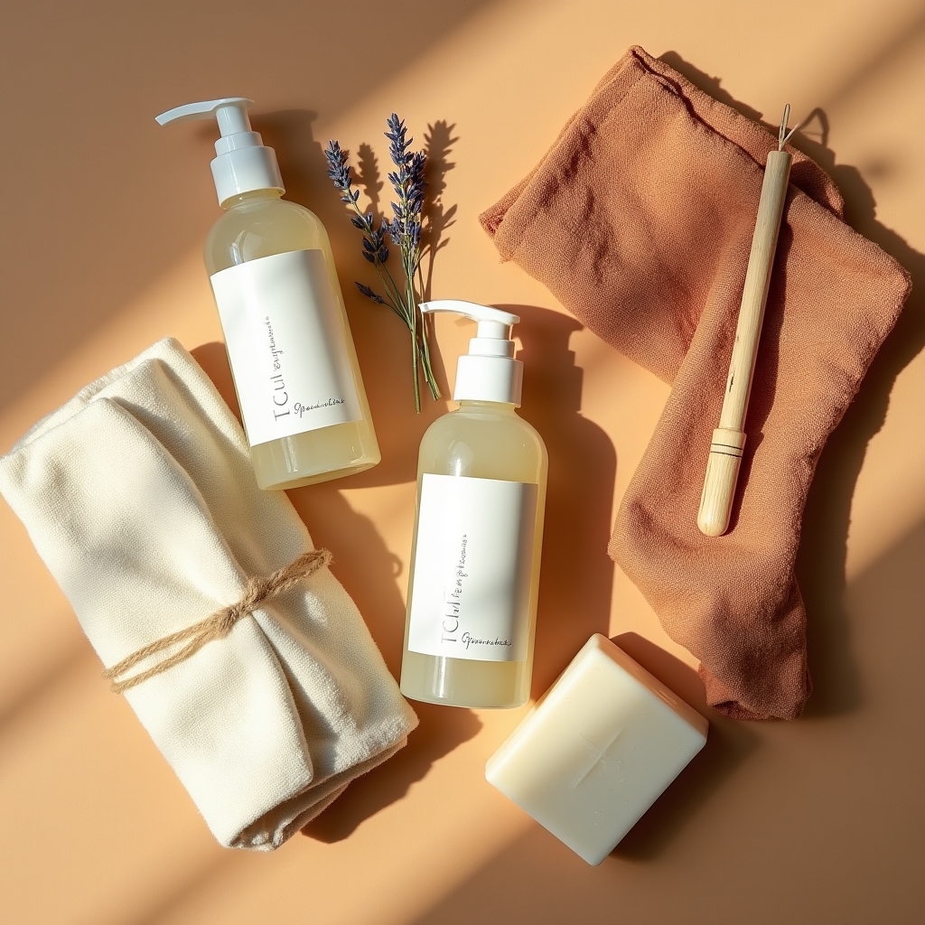 Eco-friendly cleaning products neatly arranged on a wooden surface with warm ambient lighting