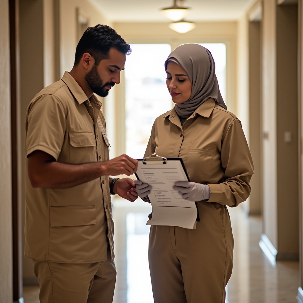 Two cleaning professionals reviewing a checklist together before entering an apartment, in a hallway with natural light